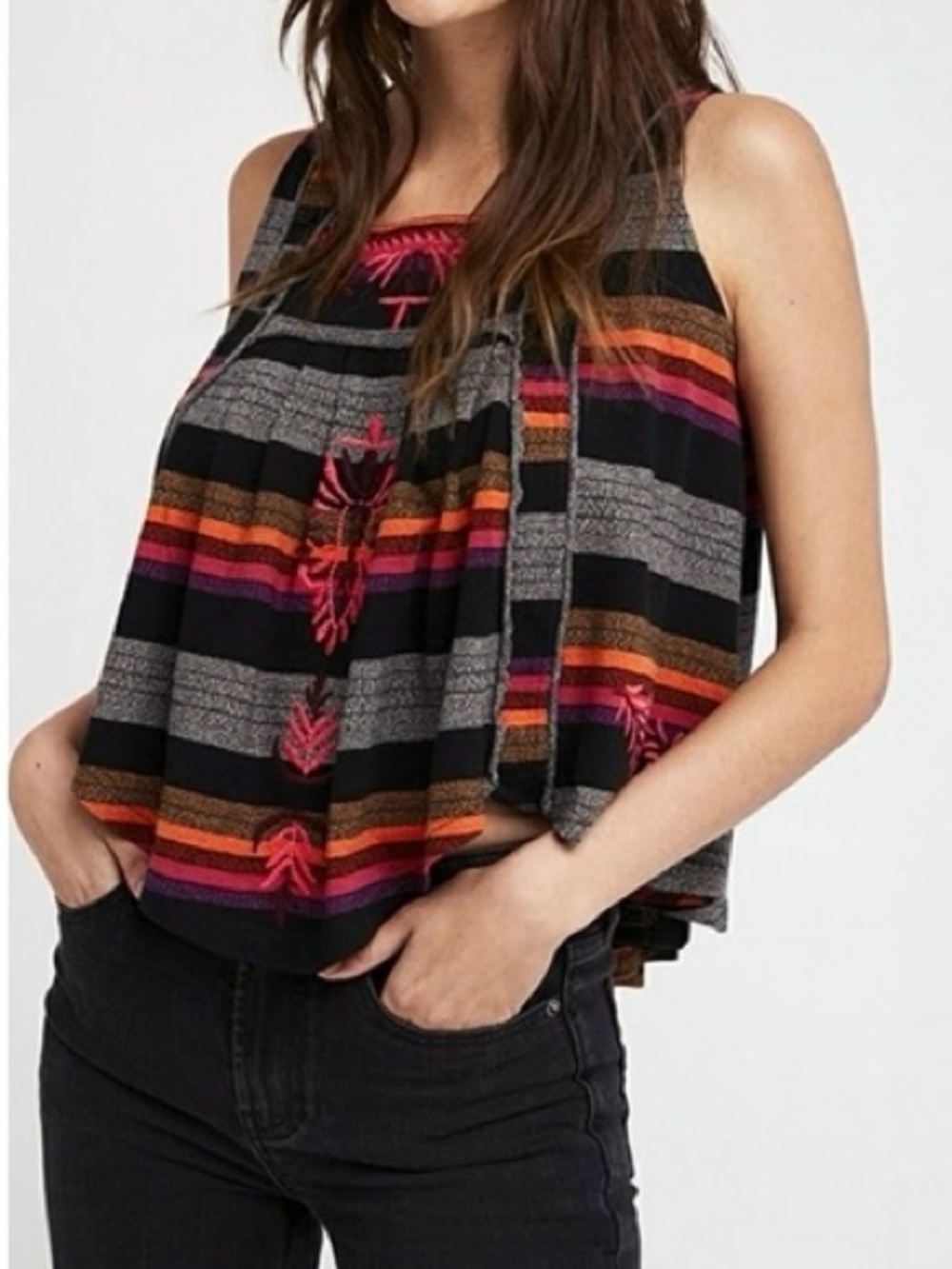 Free People Tribal Striped Embroidered Swing Tank Top Boho Festival Summer